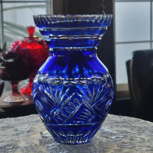 Czech Bohemian Cobalt Blue Cut to Clear Glass Vase Optic 7"