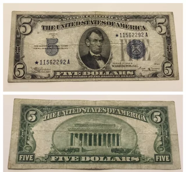 VINTAGE rare STAR 1934-B $5 SILVER CERTIFICATE FIVE DOLLAR BILL BLUE SEAL VINSON