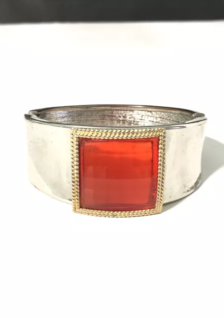 Women’s Silver Tone Hinged Cuff Bracelet W/ Large Red Faceted Gem & Gold Accents