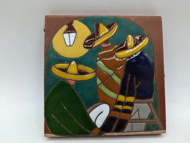 Art Pottery Sombrero Figures Mexican Southwestern Terracotta Tile Trivet Art Pottery Sombrero Figures Mexican Southwestern Terracotta Tile Trivet