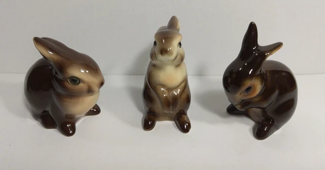3  VTG Goebel Brown Tan Bunny Rabbit Porcelain Miniatures West Germany 297 299