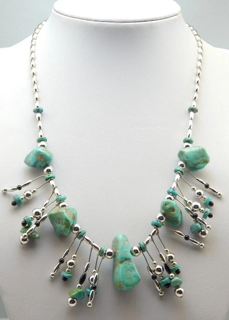 Silver Beads Turquoise Nuggets & Discs Onyx Beads Statement Necklace 19"