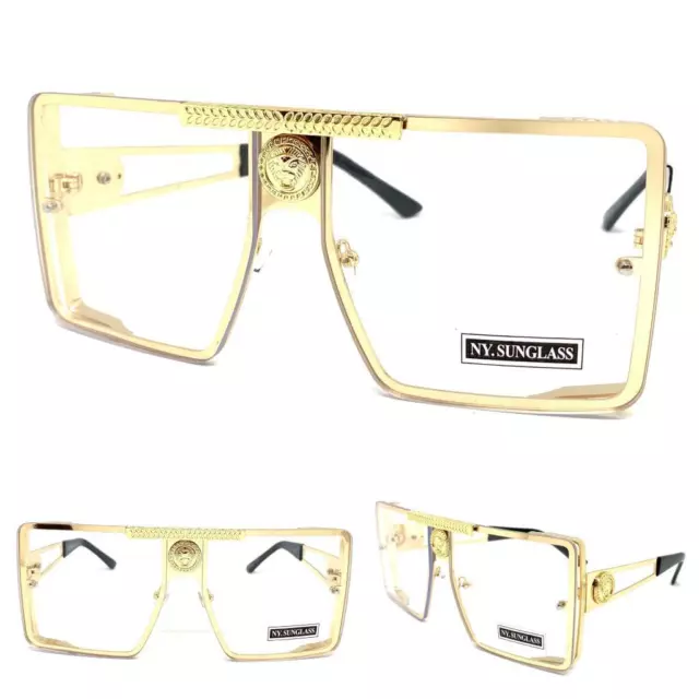 Oversized Classic Retro Shield Hip Hop Clear Lens EYE GLASSES Large Gold Frame