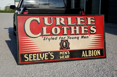 Vintage CURLEE CLOTHES Mens Wear Tin Sign Top Hats Suits Albion wood frame 8ft