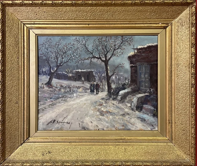 quadro antico dipinto 900 a olio su tavola paesaggio figure neve con cornice oro