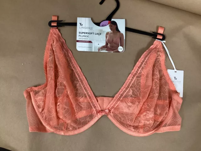 TU LINGERIE BY Sainsburys 40B Supersoft Lace Coral Plunge Bra Underwired  BNWT £7.00 - PicClick UK