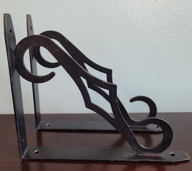 Set Of 2 Black Metal Ornate Wall Shelf Brackets
