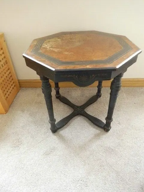 Occasional Accent Table Burr Walnut Octagonal Top Ebonised Legs Carved Detail