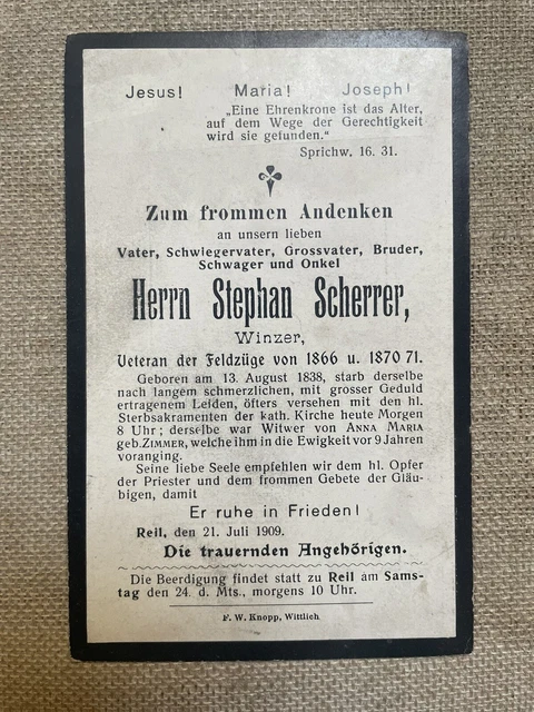 Sterbebild Soldat Militaria Veteran der Feldzüge 1866 1870 und 1871 Reil Mosel