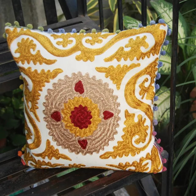 Indian Cotton Pillow Case Decor Throw  16x16" Suzani Embroidery Cushion Cover