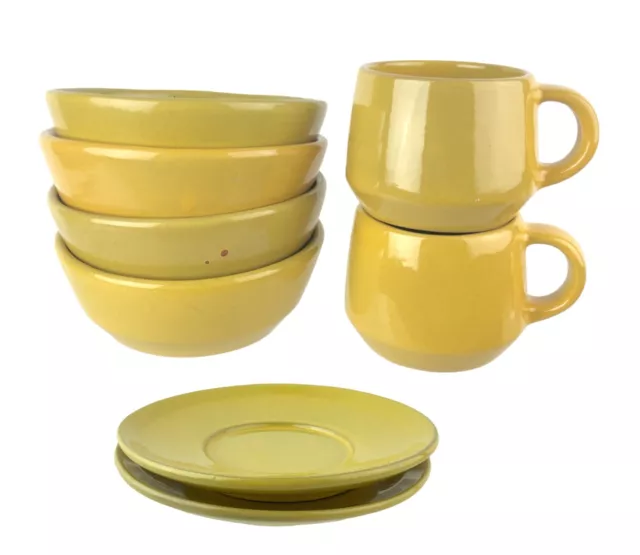 Vintage Frankoma Pottery 8 Pc Set 2 Saucers 2 Cups 4 Cereal Bowls Autumn Yellow