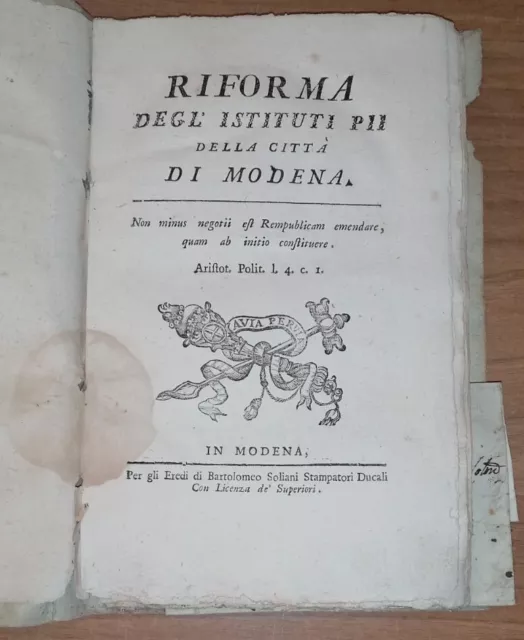 RARISSIMO 1° Ed. 1789-RIFORMA DEGLI ISTITUTI PII DELLA CITTÀ DI MODENA_SOLIANI.