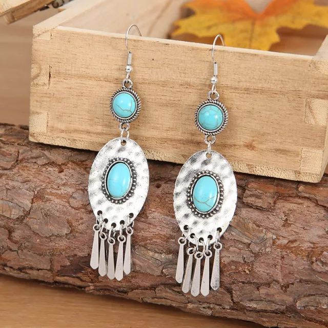 Boho Retro 925 Silver Dangle Drop Earrings Ear Hook Women Turquoise Jewelry Gift