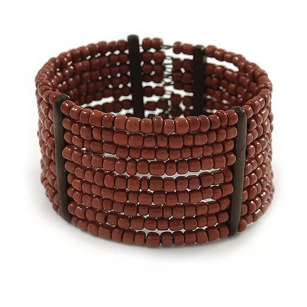 Brown Glass Bead Wide Flex Cuff Bracelet/ Multistrand/ 18cm L/ Medium