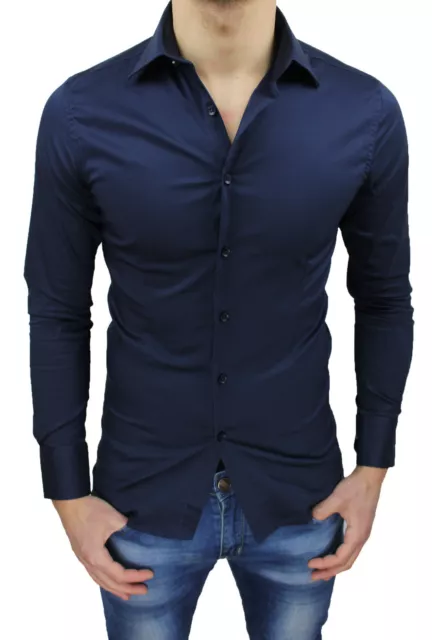 Camicia Uomo Stretch Blu Scuro Slim Fit Elasticizzata Con Penches Mod. Casual