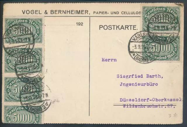 DR Mi 256(6) Inflation MeF 1923 Firmen-Postkarte Papier Karlsruhe