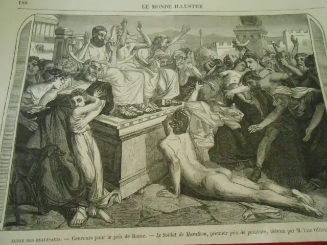 1869 Engraving - Ecole Beaux Arts Le Soldat de Marathon 1st Prize Painting