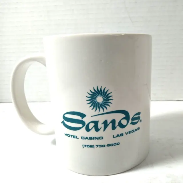 Coffee Mug Vtg 1990s Las Vegas Sands Hotel Casino White & Teal IMPLODED RESORT