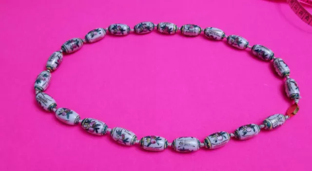 Vintage Chinese Porcelain Export Painted Flower Floral Bead Necklace 25in