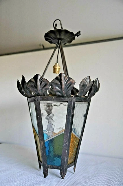 Lampe Suspension Vintage Art Déco - Lanterne En Tôle Émaillée Avec 5 Verres Gravés
