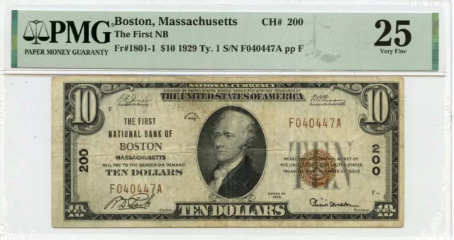 1929 Ty1 $10 First National Bank Boston MA CH#200 PMG VF25