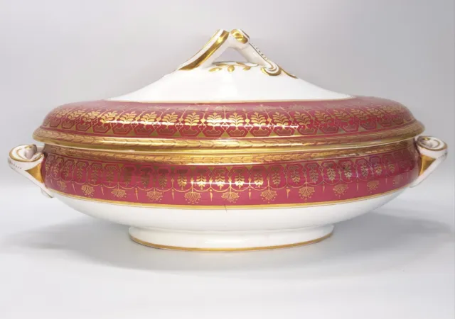 Antique Wedgwood Etruria England Covered Serving Dish Tureen Maroon Red & Gold