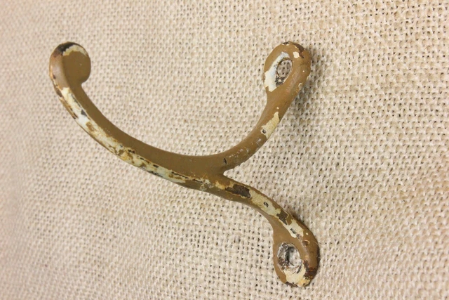 Single Large Old Coat Hook 1850s School Farmhouse Wardrobe Rustic Iron Tan Paint 3