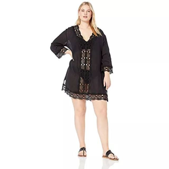 MSRP $99 La Blanca Women's Lace V-Neck Tunic Dress Black Size XL (DEFECT)