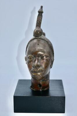 Vintage African Small Bronze Benin Head on Wooden Base ~ Nigerian Tribal Art