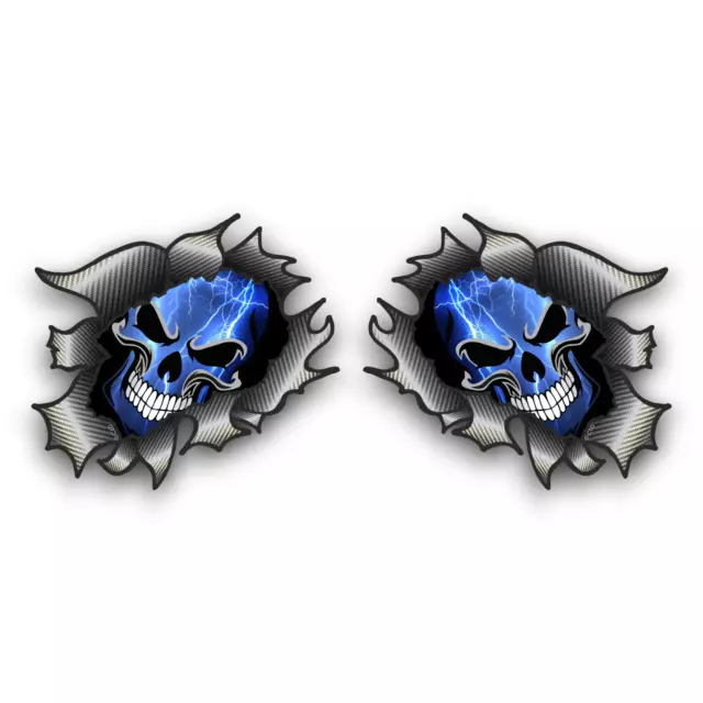 2x Pequeño Azul Iluminación Calavera Rasgado Vinilo Fibra de Carbono Pegatina