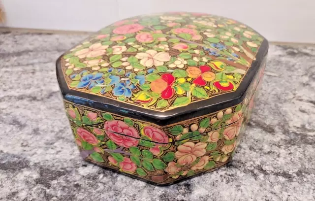 Kashmiri Hand Painted Floral Lacquered Papier Mache Octagon shaped Trinket Box