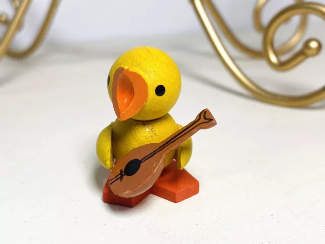 Erzgebirge Yellow Bird Chick Wooden With A Banjo Vintage Miniatures 3