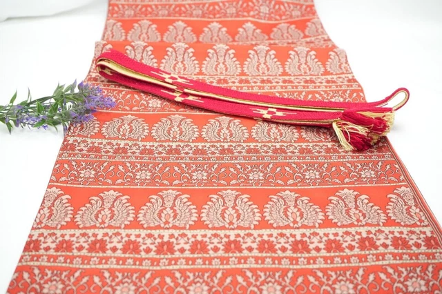 Beautiful Japanese Silk Fukuro Kimono Obi Belt Orange Vintage