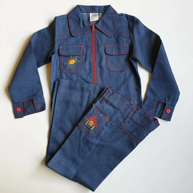 Kids Age 5-6 1970s Vintage Kids Deadstock Denim Twin Set Flares Jacket Hippy Mod