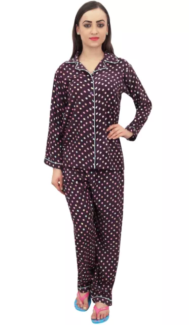 Bimba Dot Printed Wine Button-Down Shirt With Elastic Waist Pajama Pants