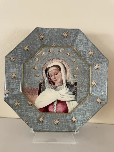 Rare Marye-Kelley Decoupage 8.5" Octagon Glass Madonna Plate EUC