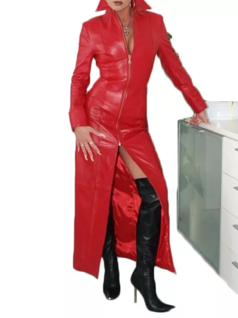 Femme Rouge Robe Cuir Véritable Peau D'Agneau Long Manteau Élégant Fête - WD115