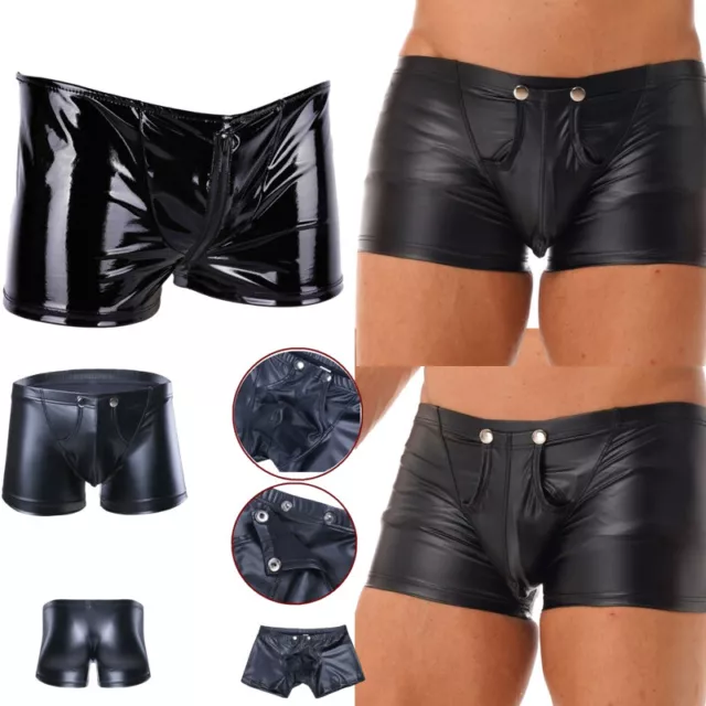 Pantaloncini sexy da uomo neri in finta pelle vita bassa mutande con bottone biancheria intima 3