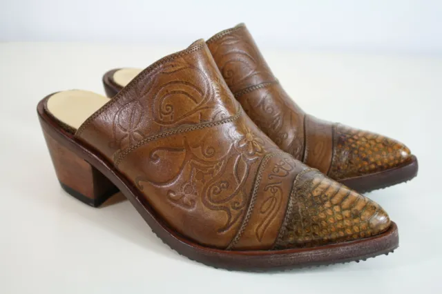 Salpy Women's Brown Tooled Western Mule Clog Slip On Shoes 6.5
