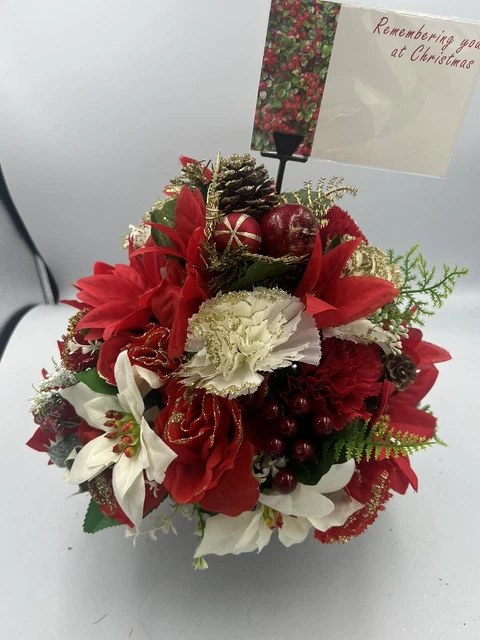 Quality Artificial Christmas  Arrangement Grave vase / Memorial / Crem Pot Red