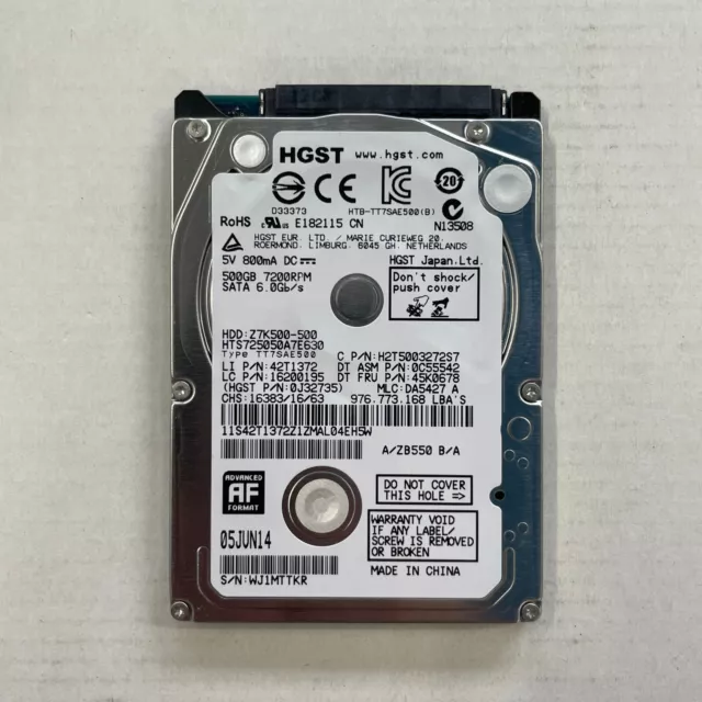 Hitachi Z7K500-500 500GB 2.5" SATA HDD 7200RPM 6.0GB/s 0J32735 HTS725050A7E630