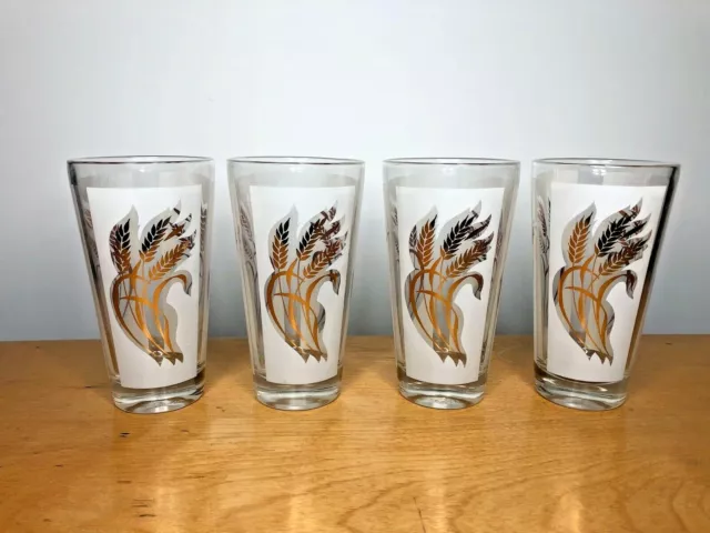 Vintage Mid Century Modern Wheat Pattern White Gold Fall Drinking Glass Set MCM