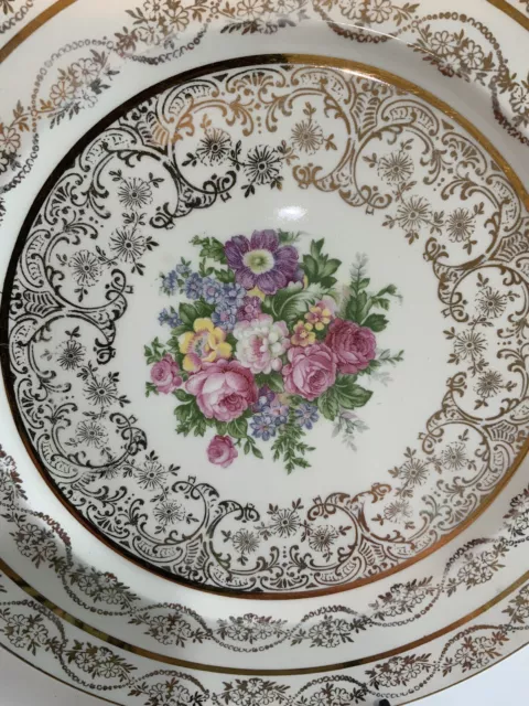 Vtg Atlas China Edwin Knowles Cake Cabinet Plate 22 KT Gold Floral 10 3/4” D USA 2