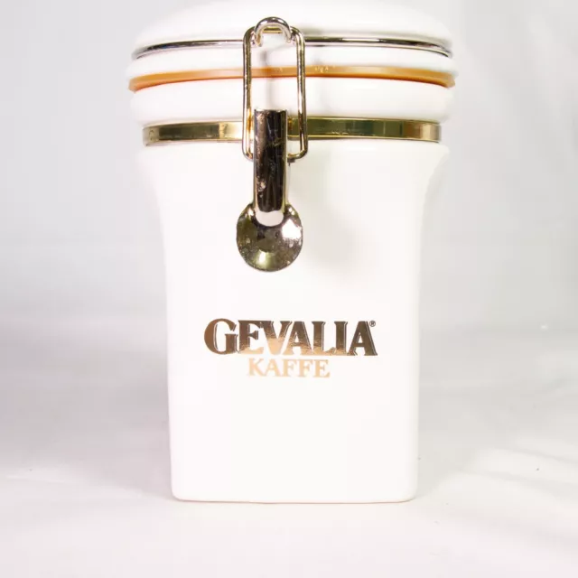 Gevalia Kaffe Royal Warrant White and Gold Ceramic 1# Coffee Canister Brass Trim