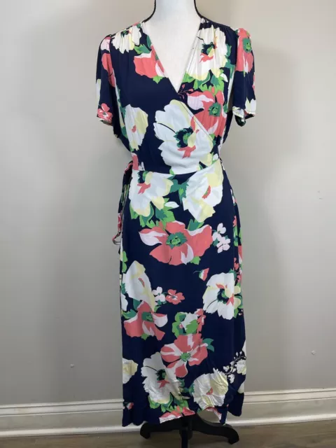 GAP Women's Short Sleeve Wrap-Around Midi Dress Navy Blue Floral Print M