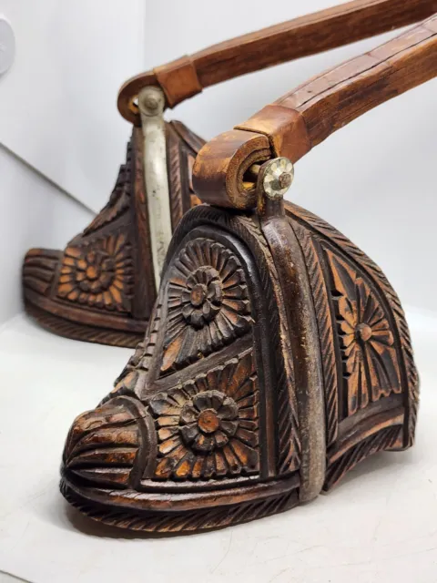 Antique 19c Chilean Carved Wood Iron Huaso Stirrups Equestrian Cowboy Leather