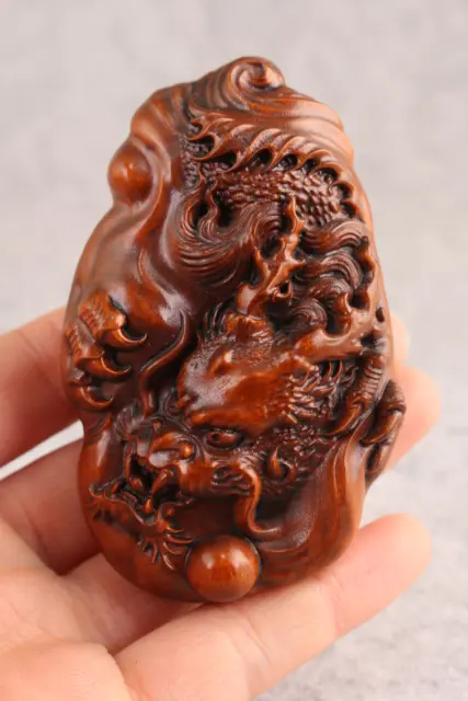 Asian Hand Carved Boxwood statue Netsuke Figurine : wooden dragon two face same