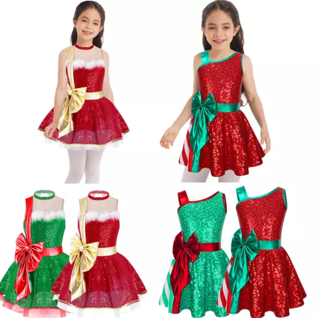 UK Girls Christmas Performance Dance Costume Sequins Ballet Tutu Dress Leotard