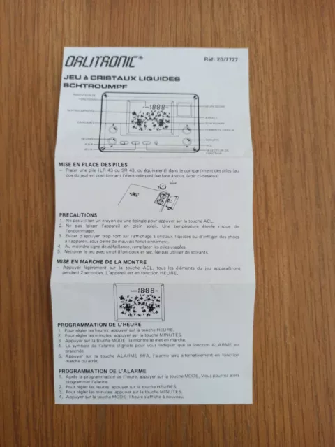 Notice Jeu électronique à quartz Schtroumpfs Dalitronic -  Peyo 1983