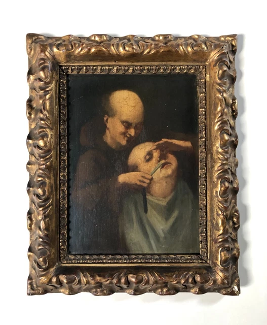 Tableau Ancien, Le Barbier, Huile Sur Panneau XIXe, Cadre d'Epoque